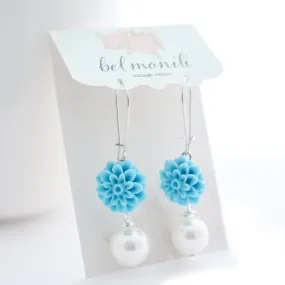 Flower Earrings, Teal and Pearl