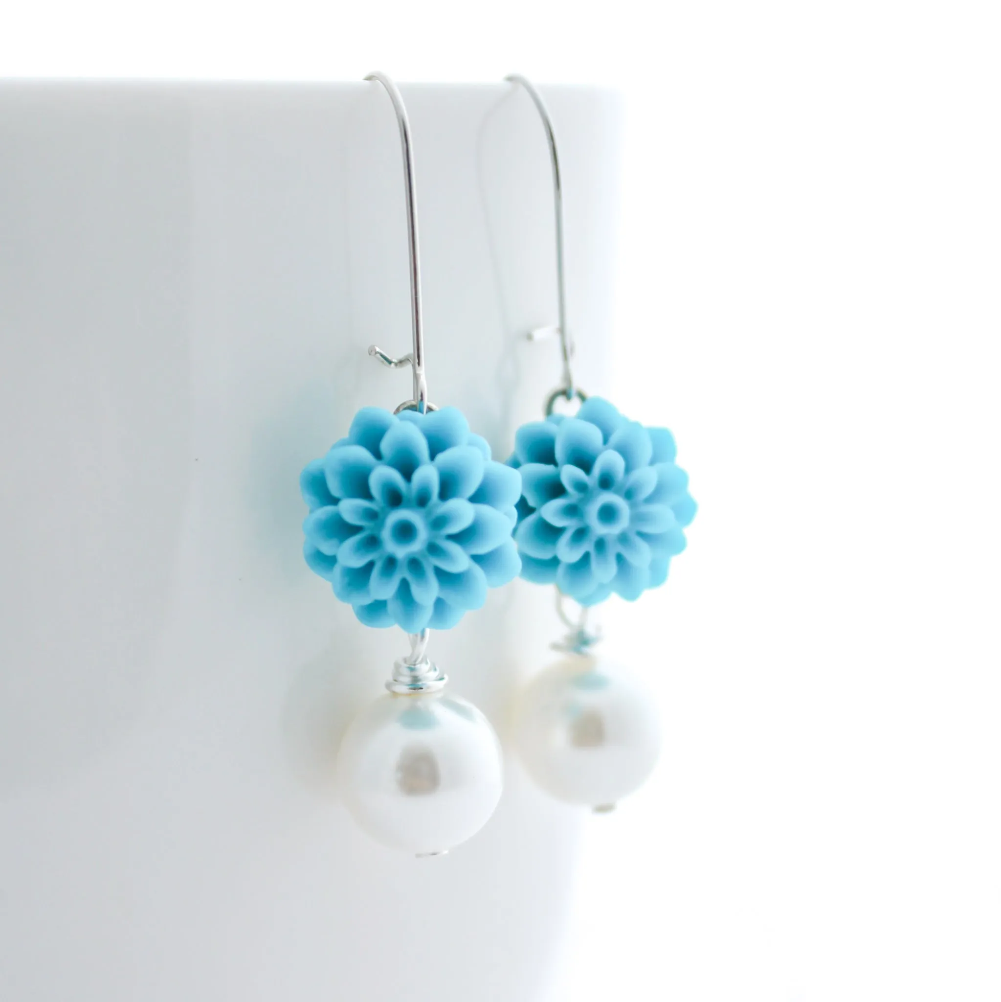 Flower Earrings, Teal and Pearl