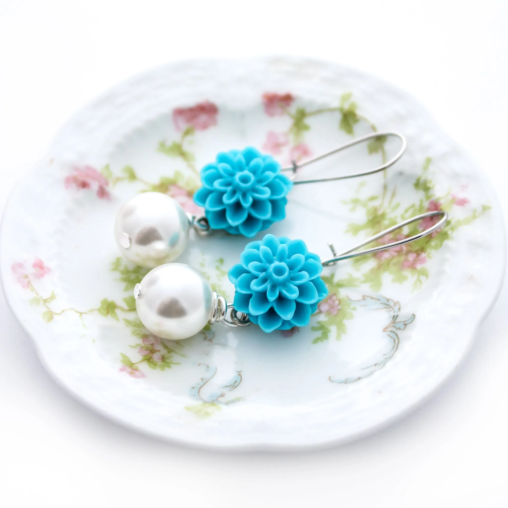 Flower Earrings, Teal and Pearl