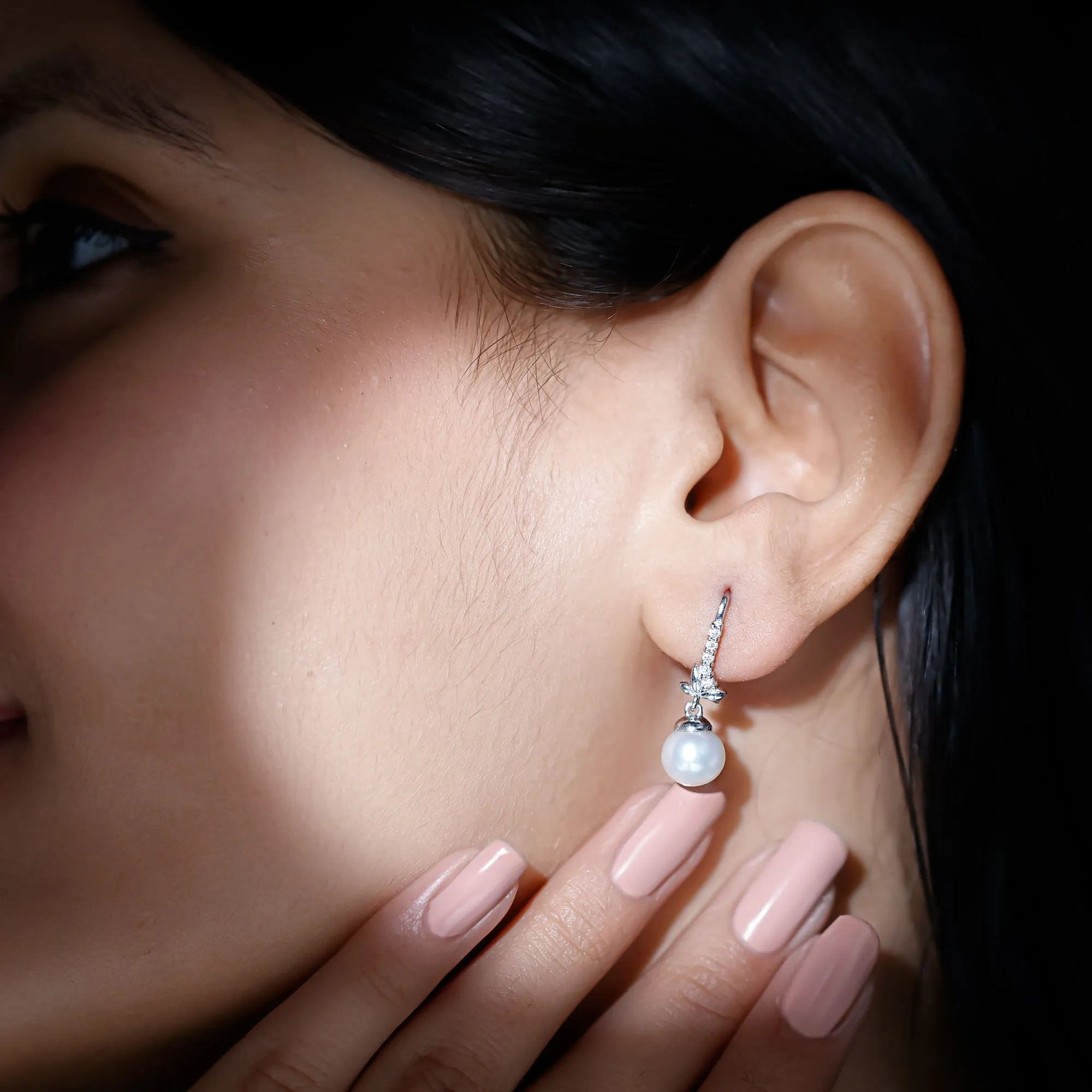 Freshwater Pearl Drop Earrings with Leaf