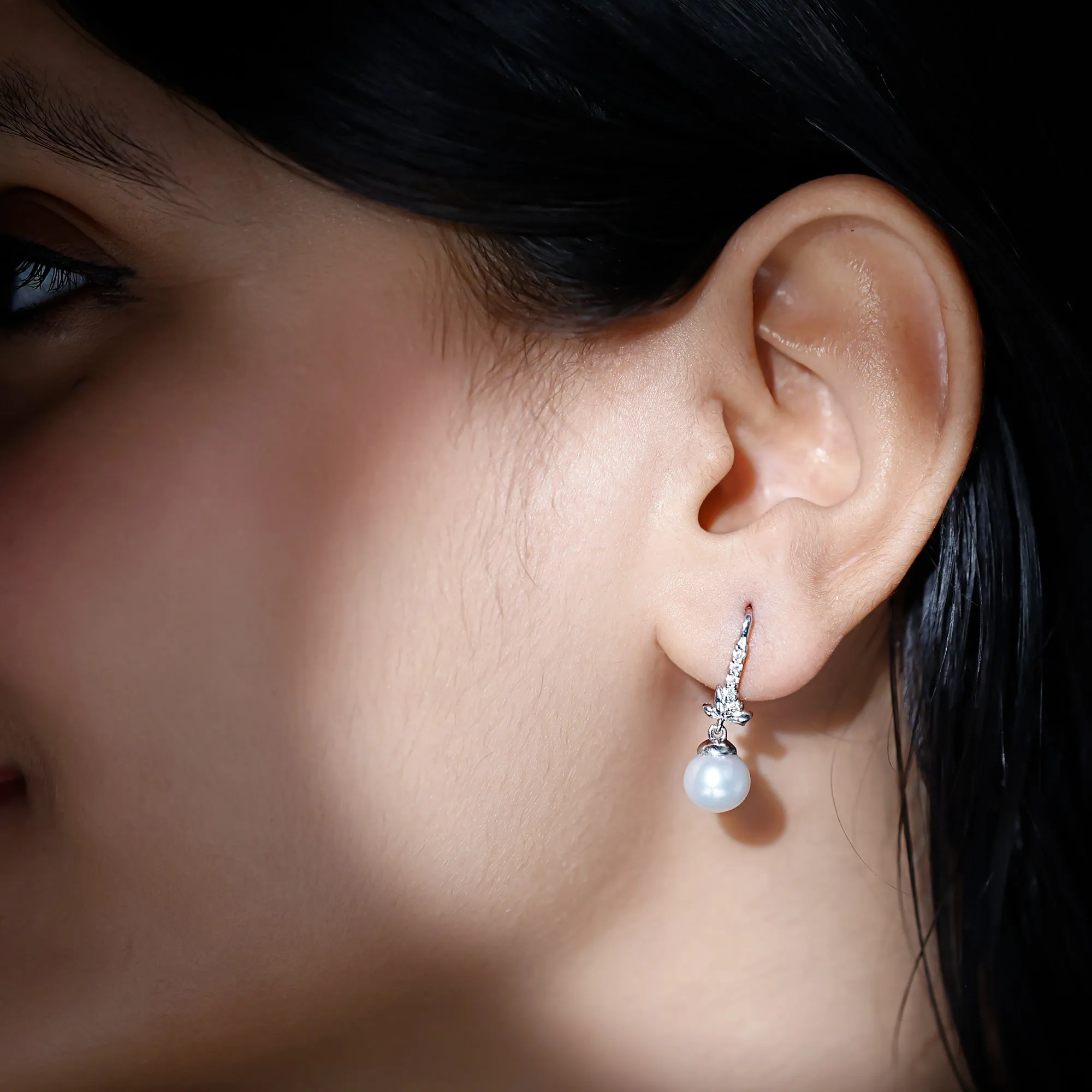 Freshwater Pearl Drop Earrings with Leaf