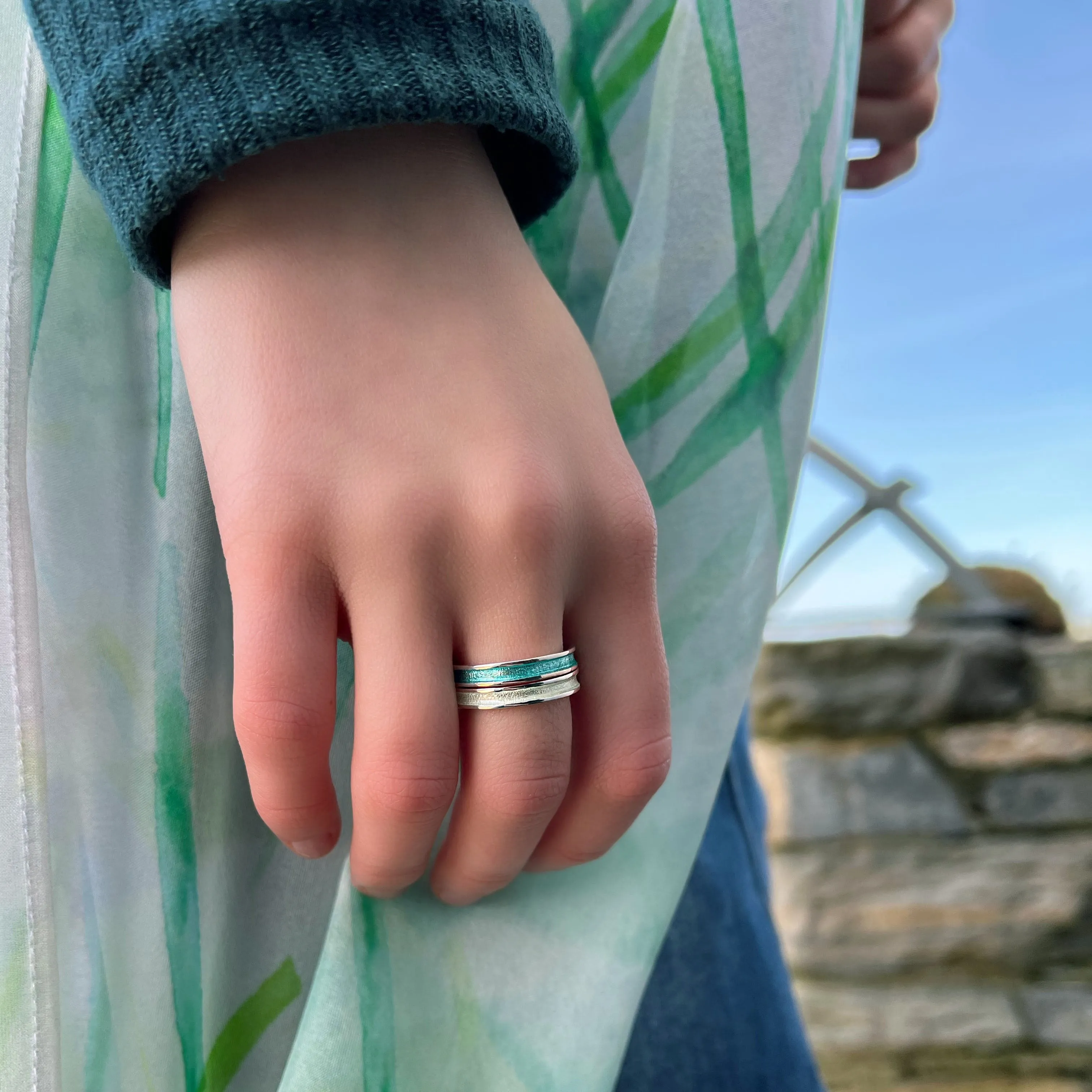 Halo Sterling Silver Ring in Green Enamel