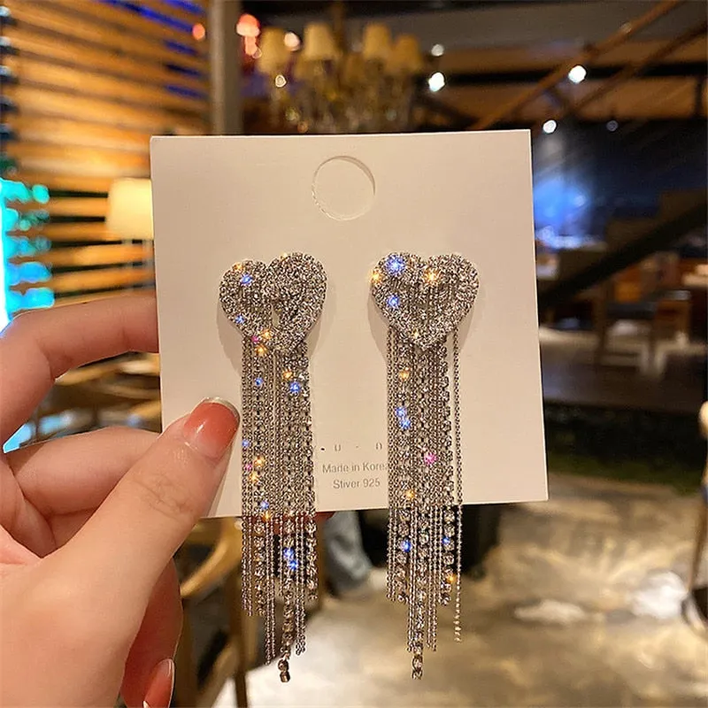 Heart Crystal Drop Earrings for Women Bijoux Long Tassel Rhinestone Dangle Earrings