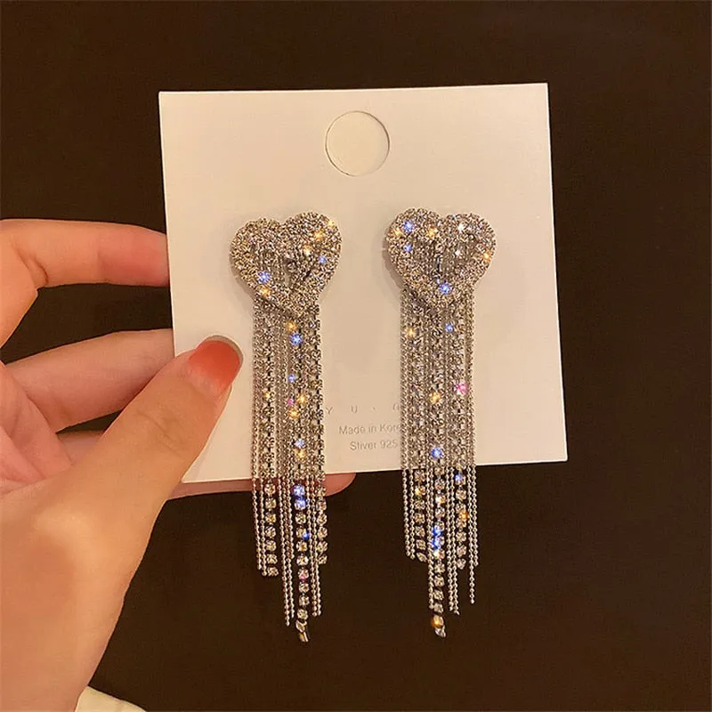 Heart Crystal Drop Earrings for Women Bijoux Long Tassel Rhinestone Dangle Earrings