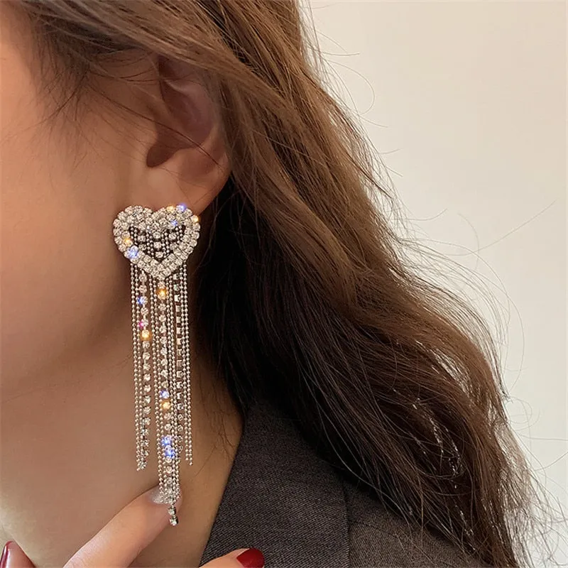 Heart Crystal Drop Earrings for Women Bijoux Long Tassel Rhinestone Dangle Earrings