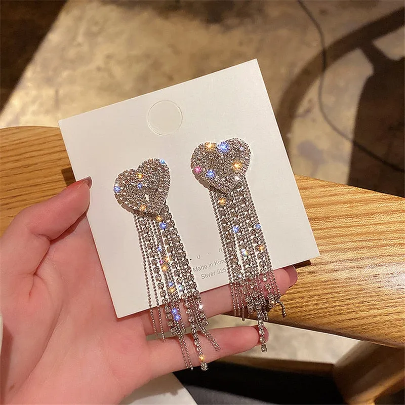Heart Crystal Drop Earrings for Women Bijoux Long Tassel Rhinestone Dangle Earrings