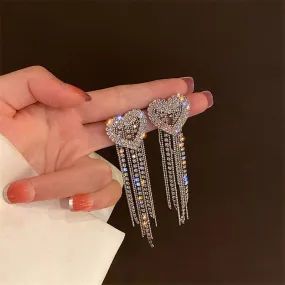 Heart Crystal Drop Earrings for Women Bijoux Long Tassel Rhinestone Dangle Earrings