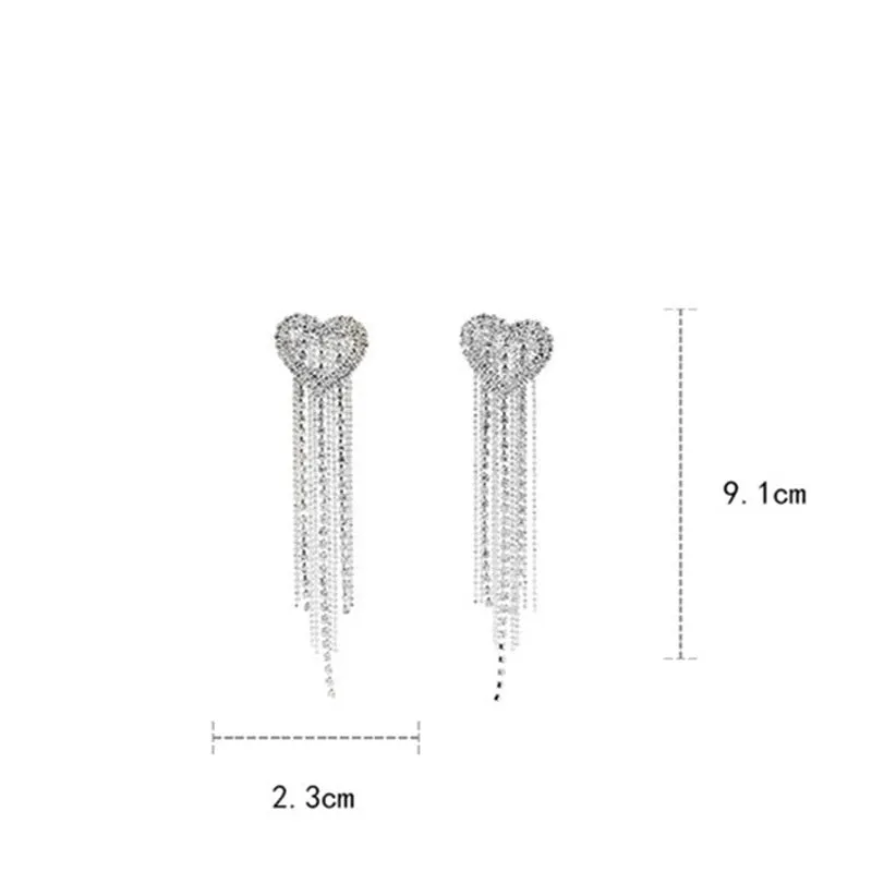 Heart Crystal Drop Earrings for Women Bijoux Long Tassel Rhinestone Dangle Earrings