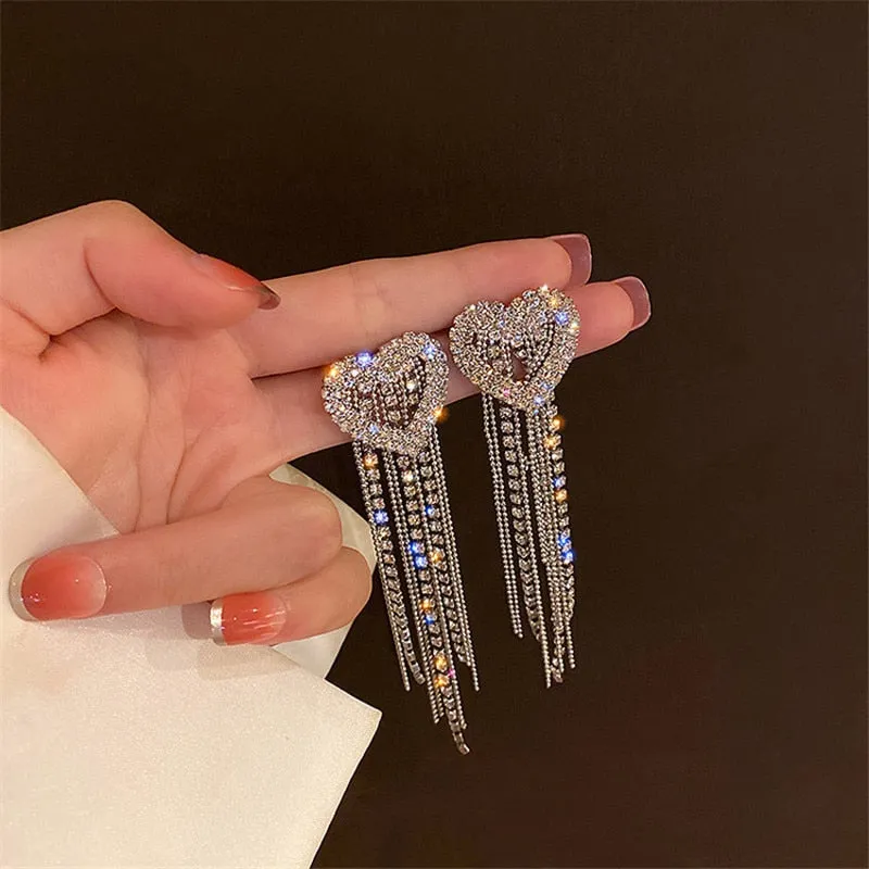 Heart Crystal Drop Earrings for Women Bijoux Long Tassel Rhinestone Dangle Earrings