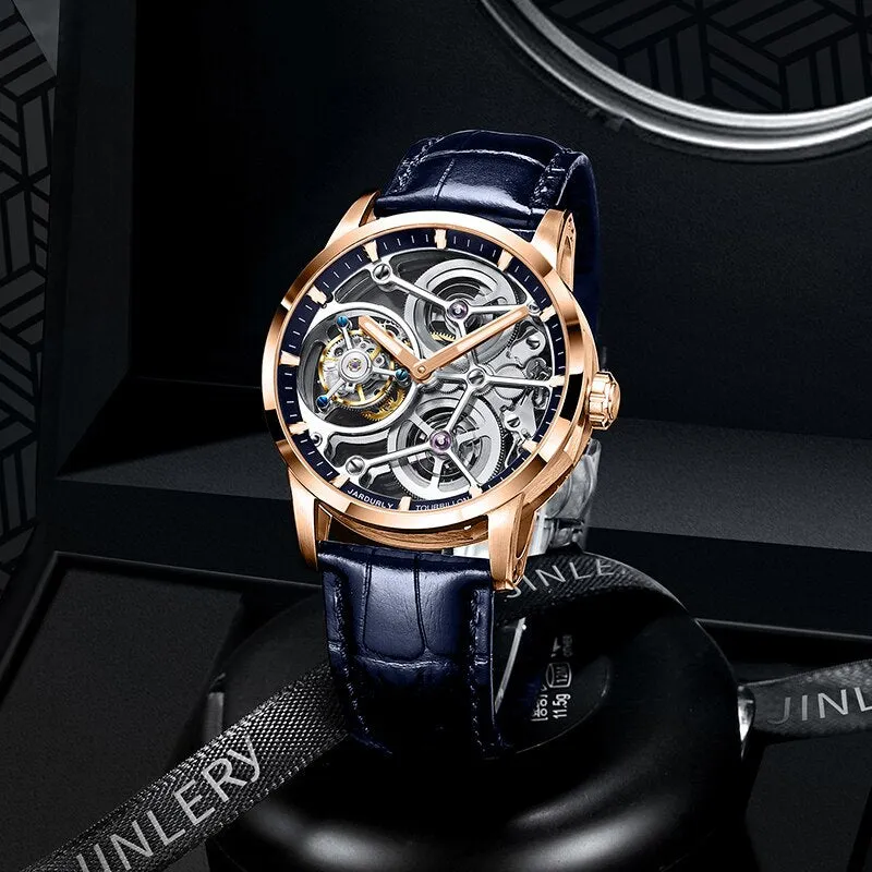 JINLERY Tourbillon Mechanical Watch Hand Wind Watch for Men Hollow Luxury Wristwatch Sapphire Glass Men Watch Relogio Masculino