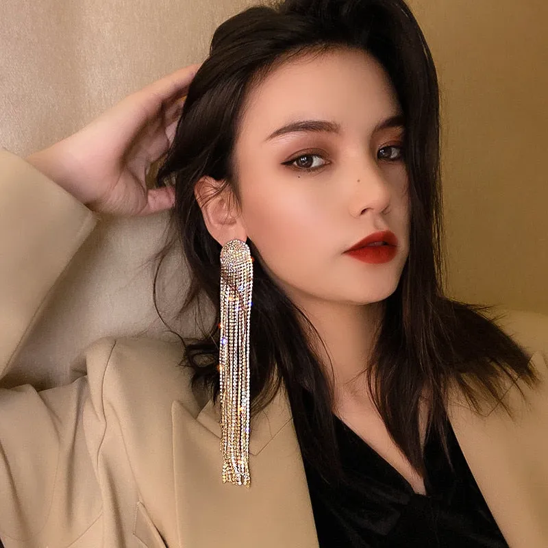 Long Tassel Rhinestone Drop Earrings for Women