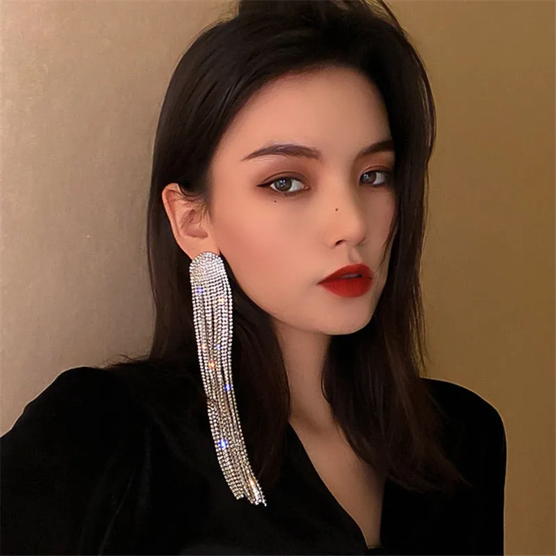 Long Tassel Rhinestone Drop Earrings for Women