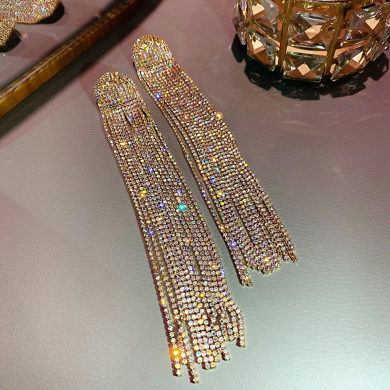 Long Tassel Rhinestone Drop Earrings for Women