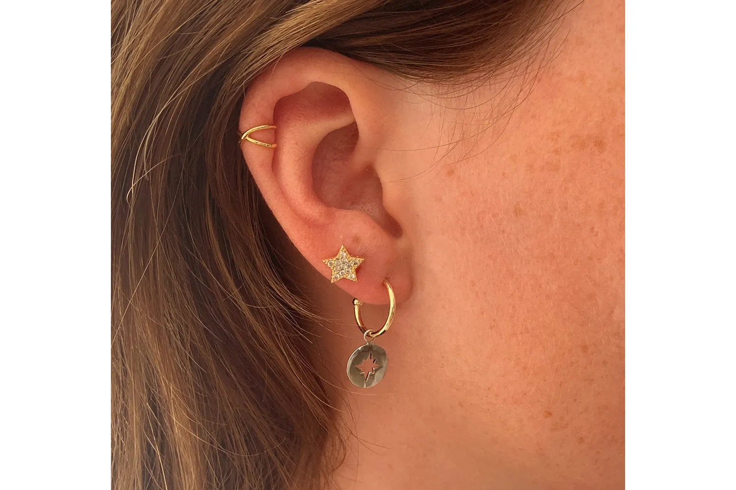 Mack Gold Starburst Charm Sterling Silver Hoop Earrings