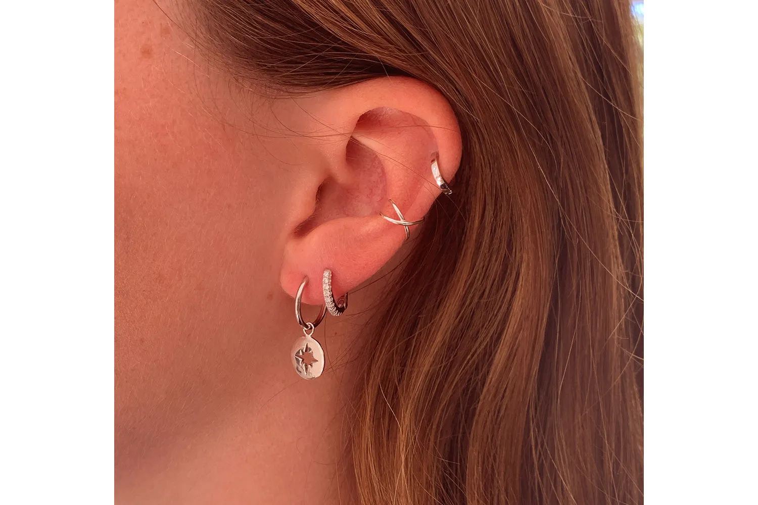 Mack Gold Starburst Charm Sterling Silver Hoop Earrings