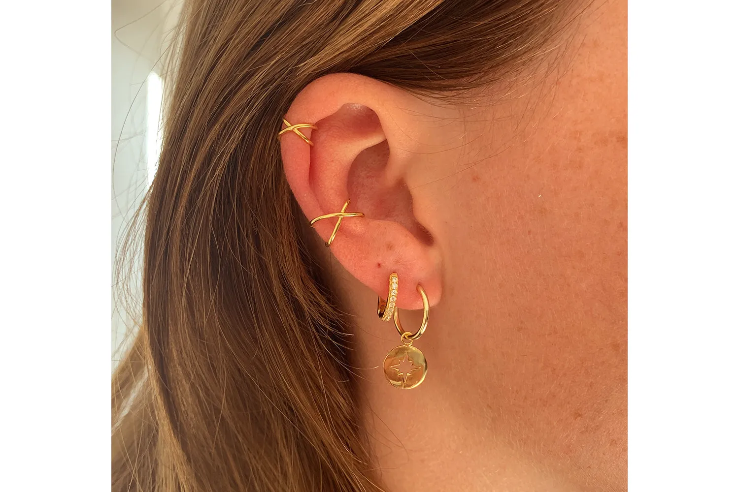 Mack Gold Starburst Charm Sterling Silver Hoop Earrings
