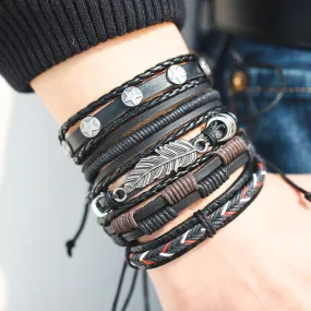 Men Vintage Leaf Feather Multilayer Leather Braided Handmade Star Rope Wrap Bracelets