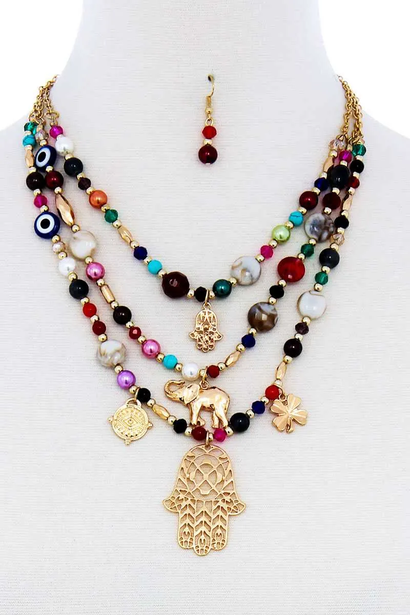 Multi Bead And Hamsa Hand Pendant Necklace