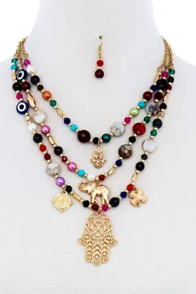 Multi Bead And Hamsa Hand Pendant Necklace