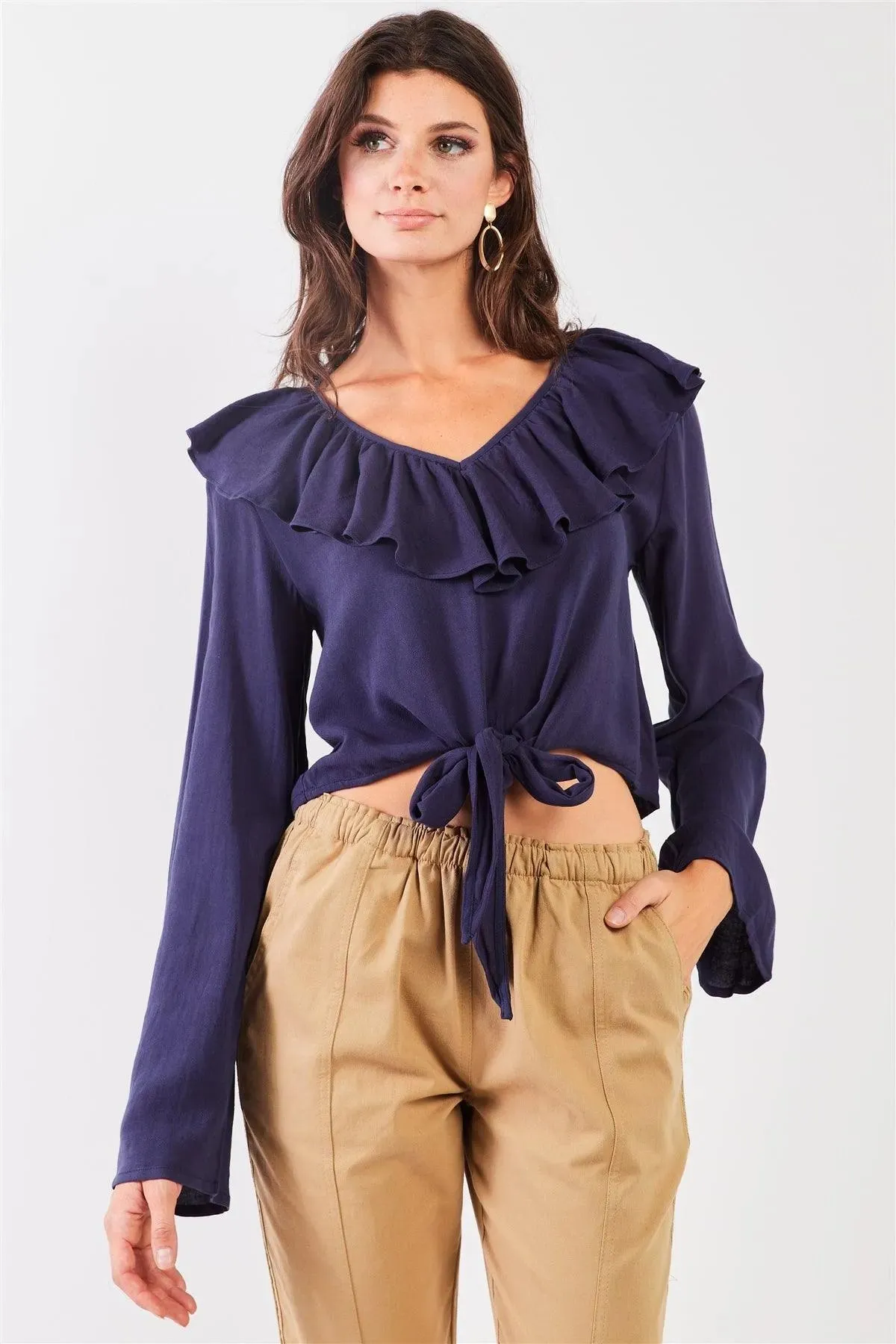 Navy Victorian Frill Collar Trim Crop Top /2-1-2