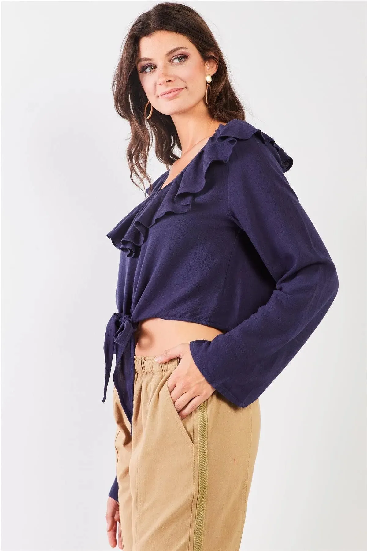 Navy Victorian Frill Collar Trim Crop Top /2-1-2