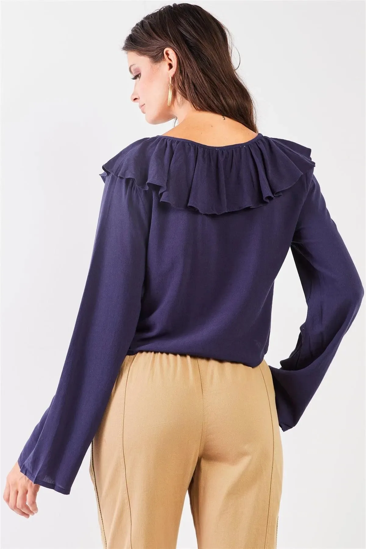 Navy Victorian Frill Collar Trim Crop Top /2-1-2