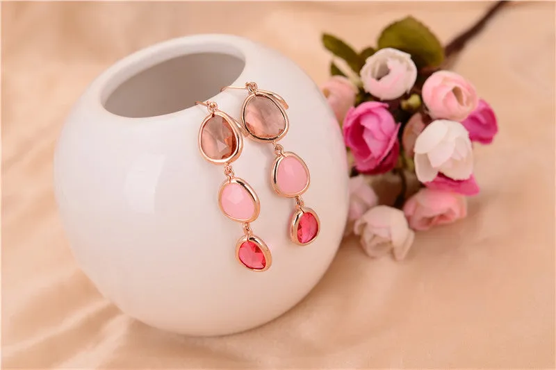 New Fashion Dangle Long Earrings Fashion Jewelry Charms Colorful Crystal Stone Long Drop Pink Earrings For Women