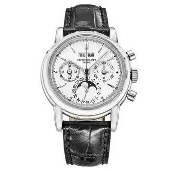 Patek Philippe Perpetual Calendar Silver Dial Platinum Black Leather Men's Watch 3970P