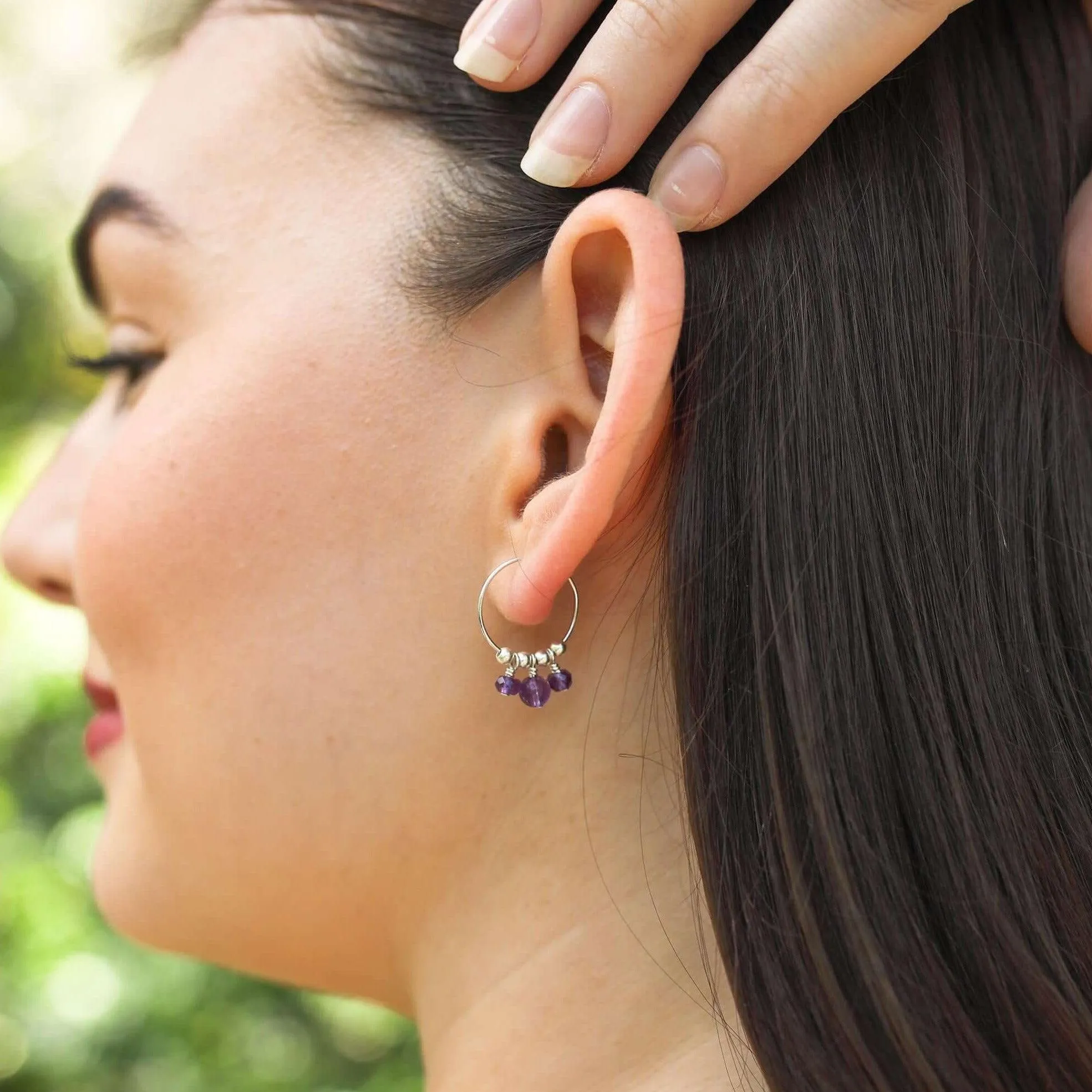 Purple Amethyst Gemstone Bead Drop Hoop Earrings
