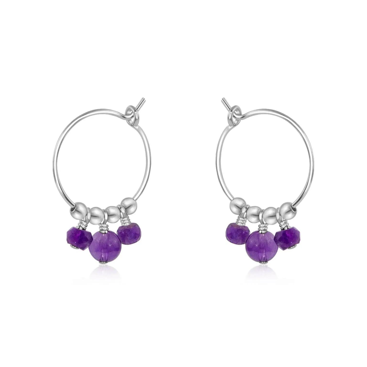 Purple Amethyst Gemstone Bead Drop Hoop Earrings