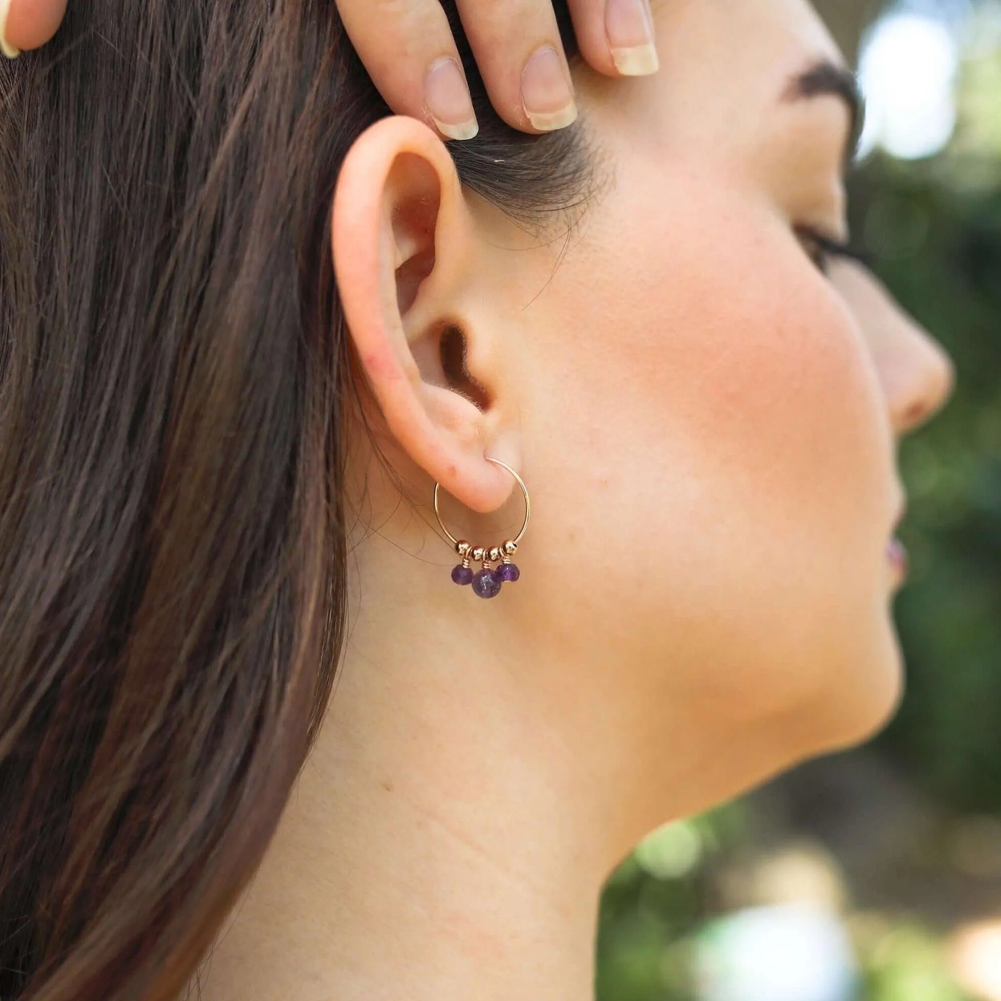 Purple Amethyst Gemstone Bead Drop Hoop Earrings