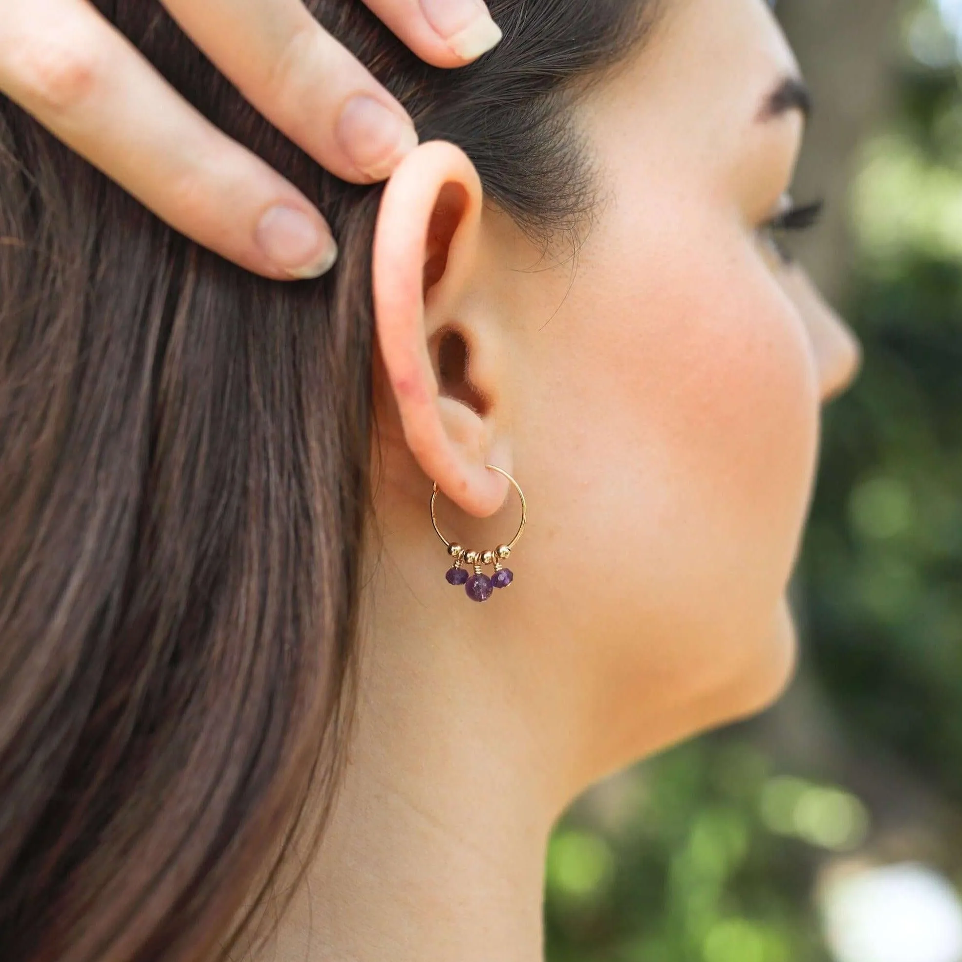 Purple Amethyst Gemstone Bead Drop Hoop Earrings