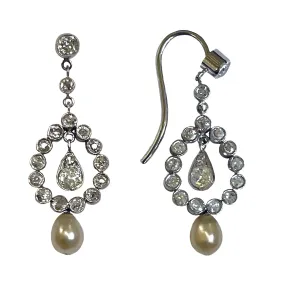 Rare White Natural Pearl & Diamond Drop Edwardian Earrings