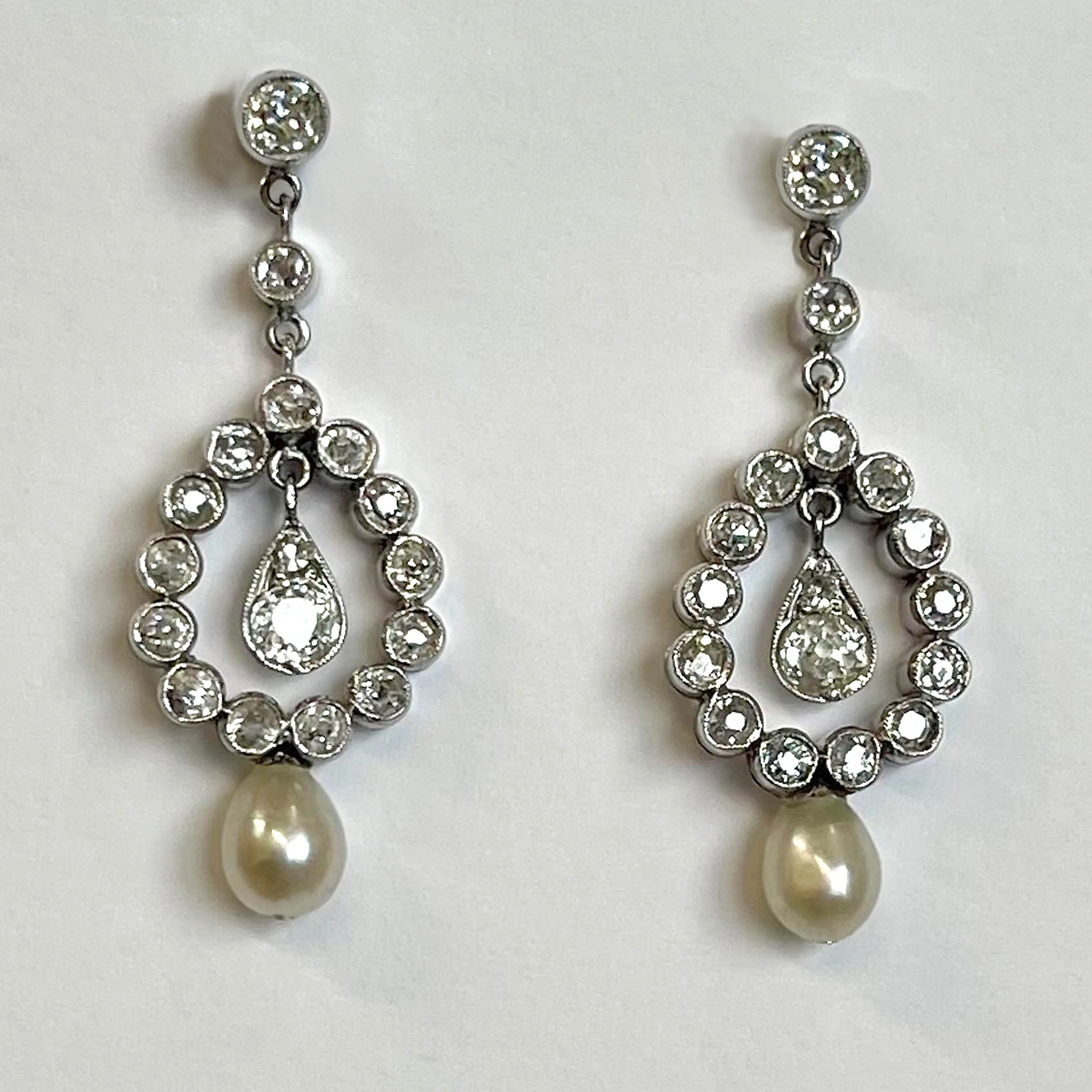 Rare White Natural Pearl & Diamond Drop Edwardian Earrings