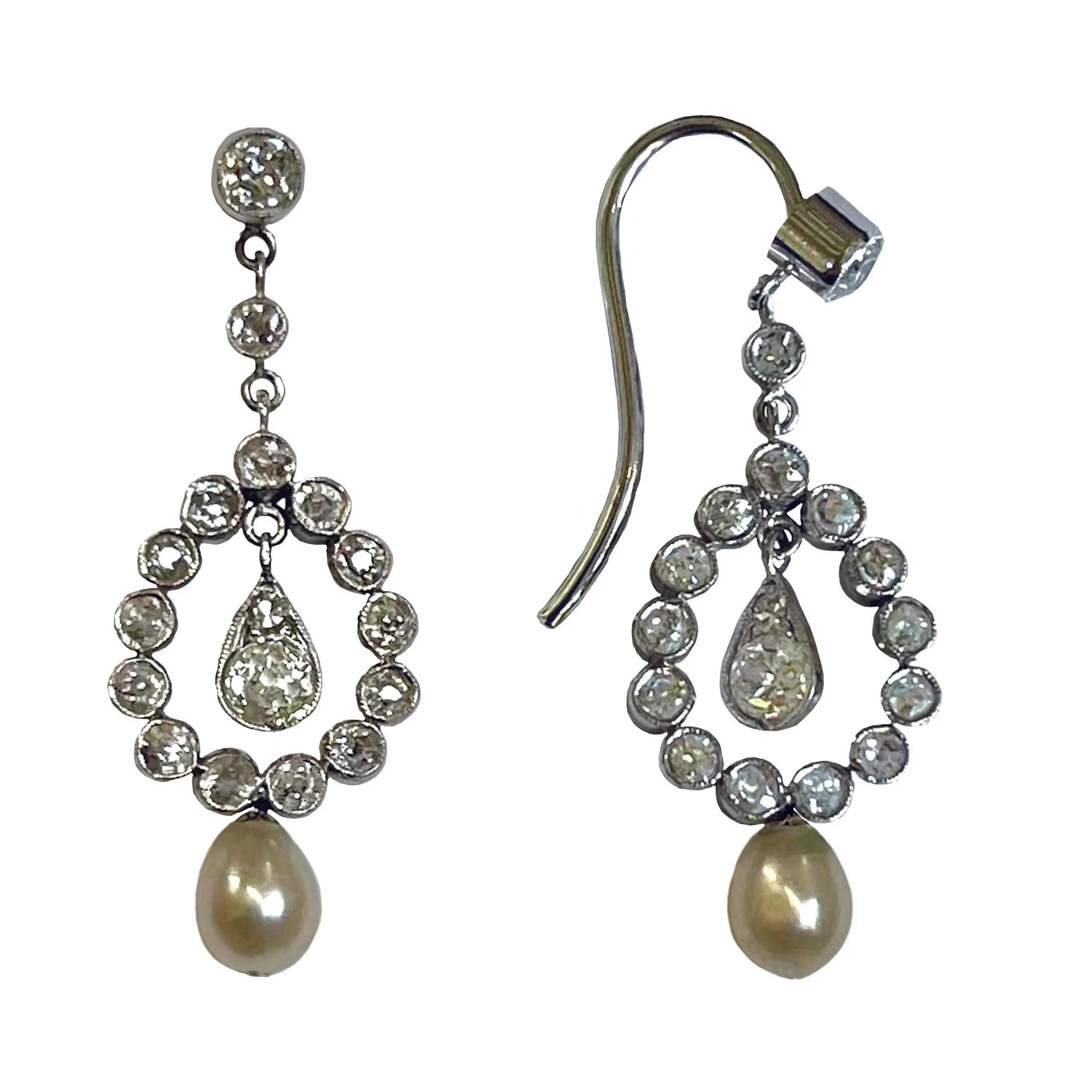 Rare White Natural Pearl & Diamond Drop Edwardian Earrings
