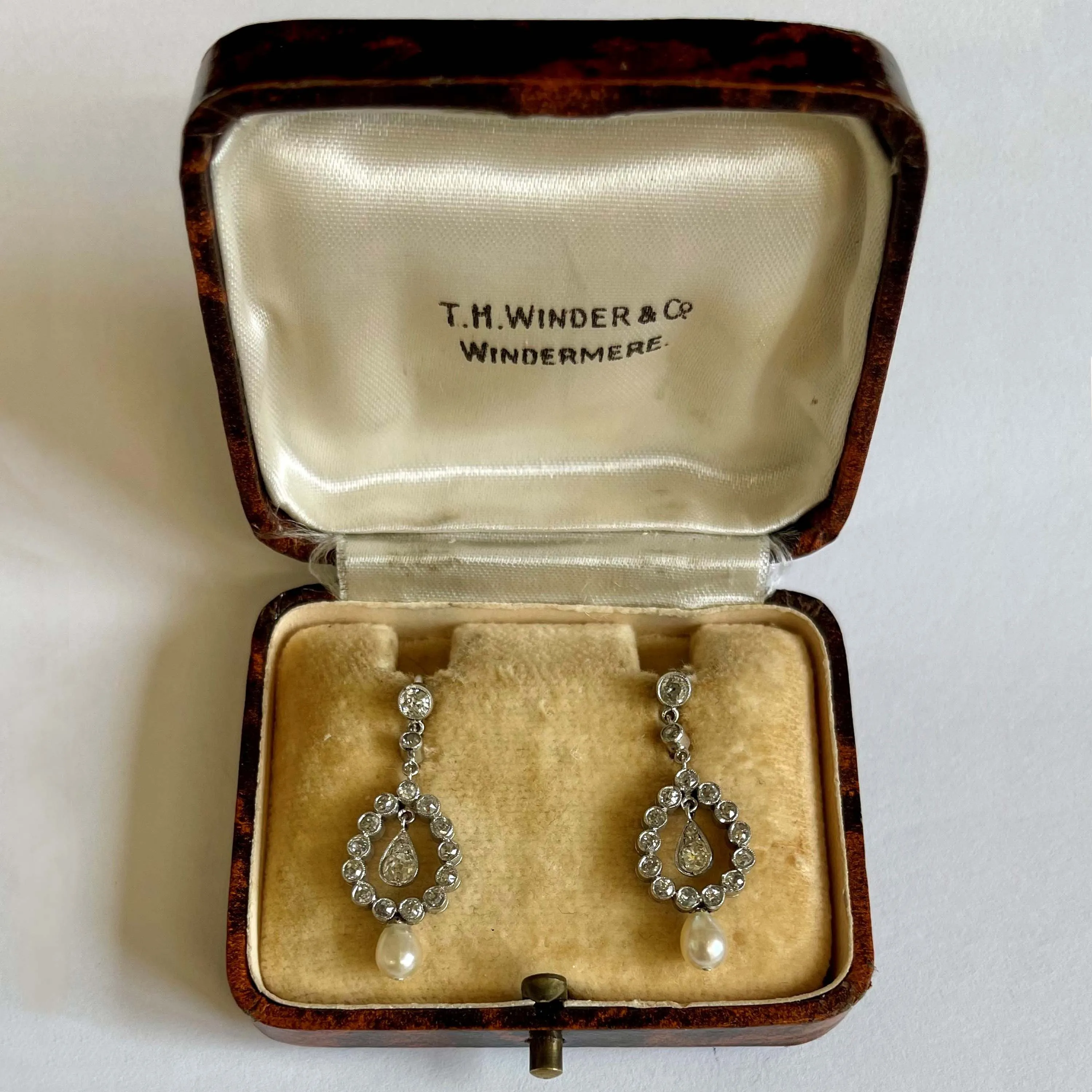 Rare White Natural Pearl & Diamond Drop Edwardian Earrings