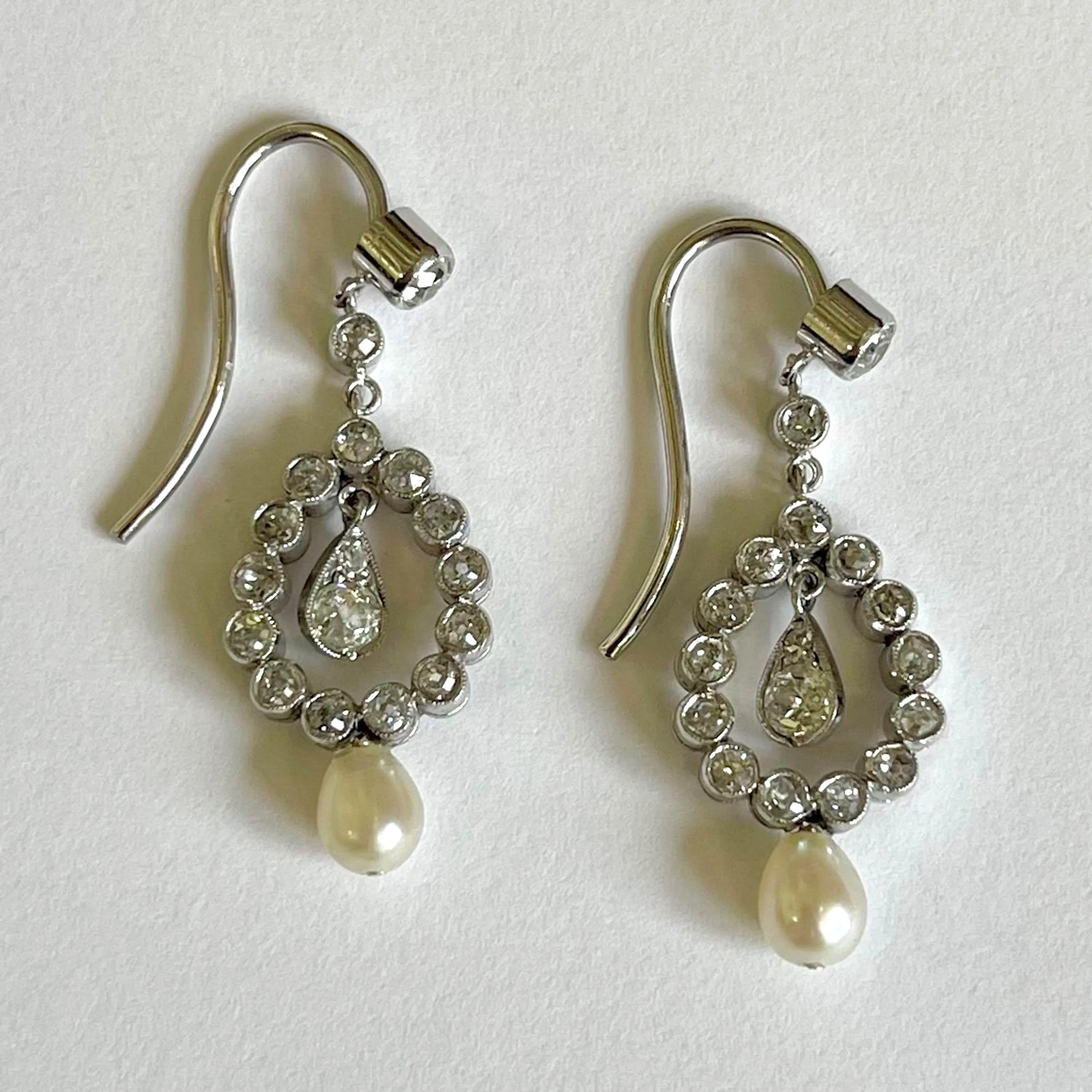 Rare White Natural Pearl & Diamond Drop Edwardian Earrings