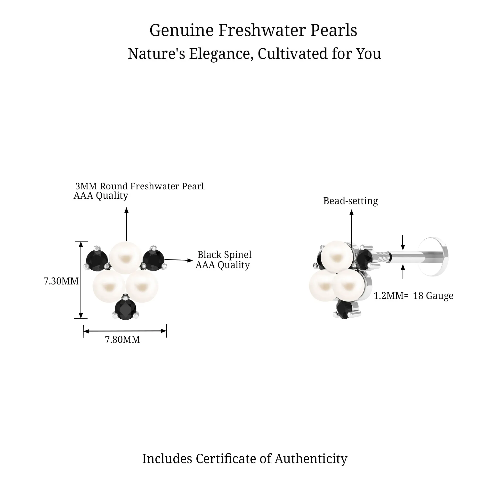 Real Freshwater Pearl Cluster Cartilage Earring with Black Spinel