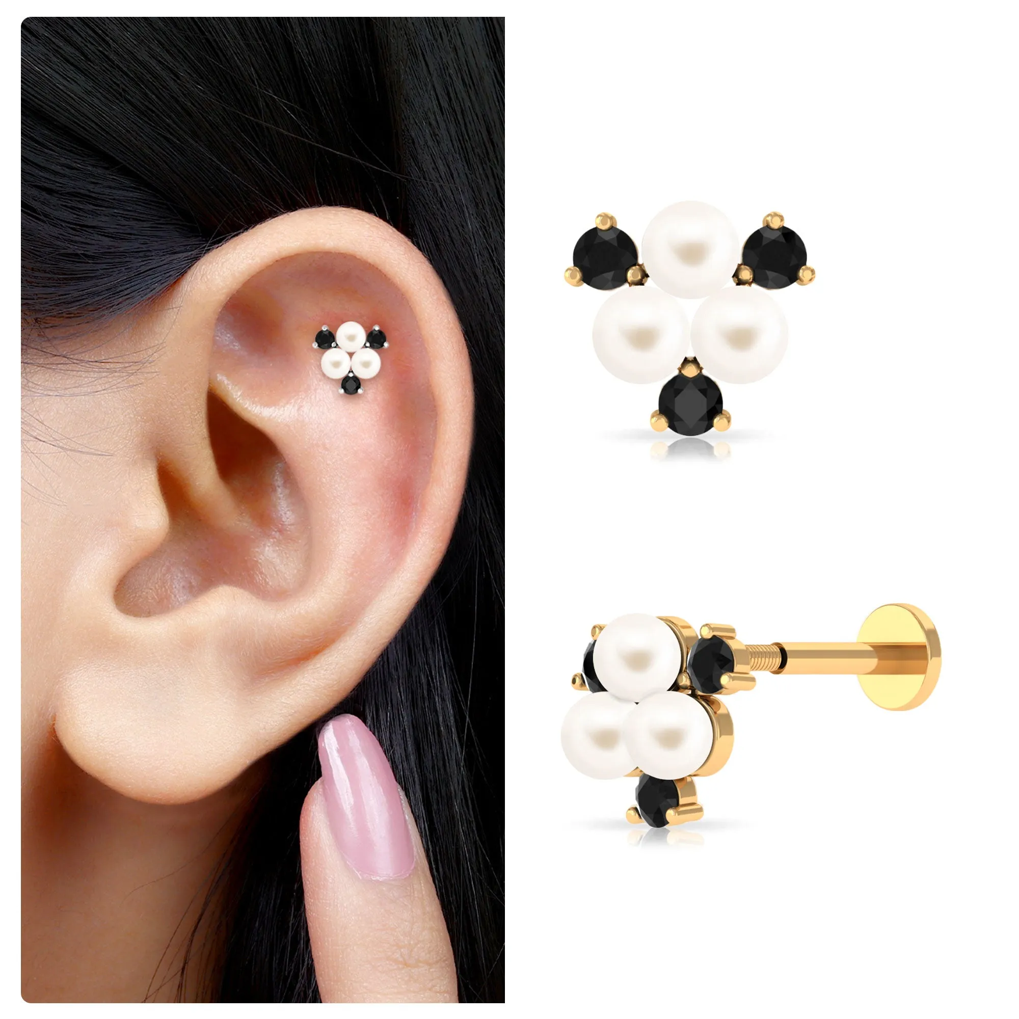 Real Freshwater Pearl Cluster Cartilage Earring with Black Spinel