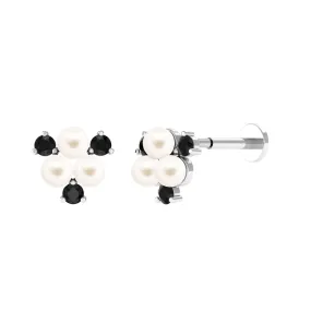 Real Freshwater Pearl Cluster Cartilage Earring with Black Spinel