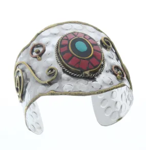 Red/Turquoise Oval Bracelet Cuff, Antique Silver w/Brass/Copper Inlay, ea