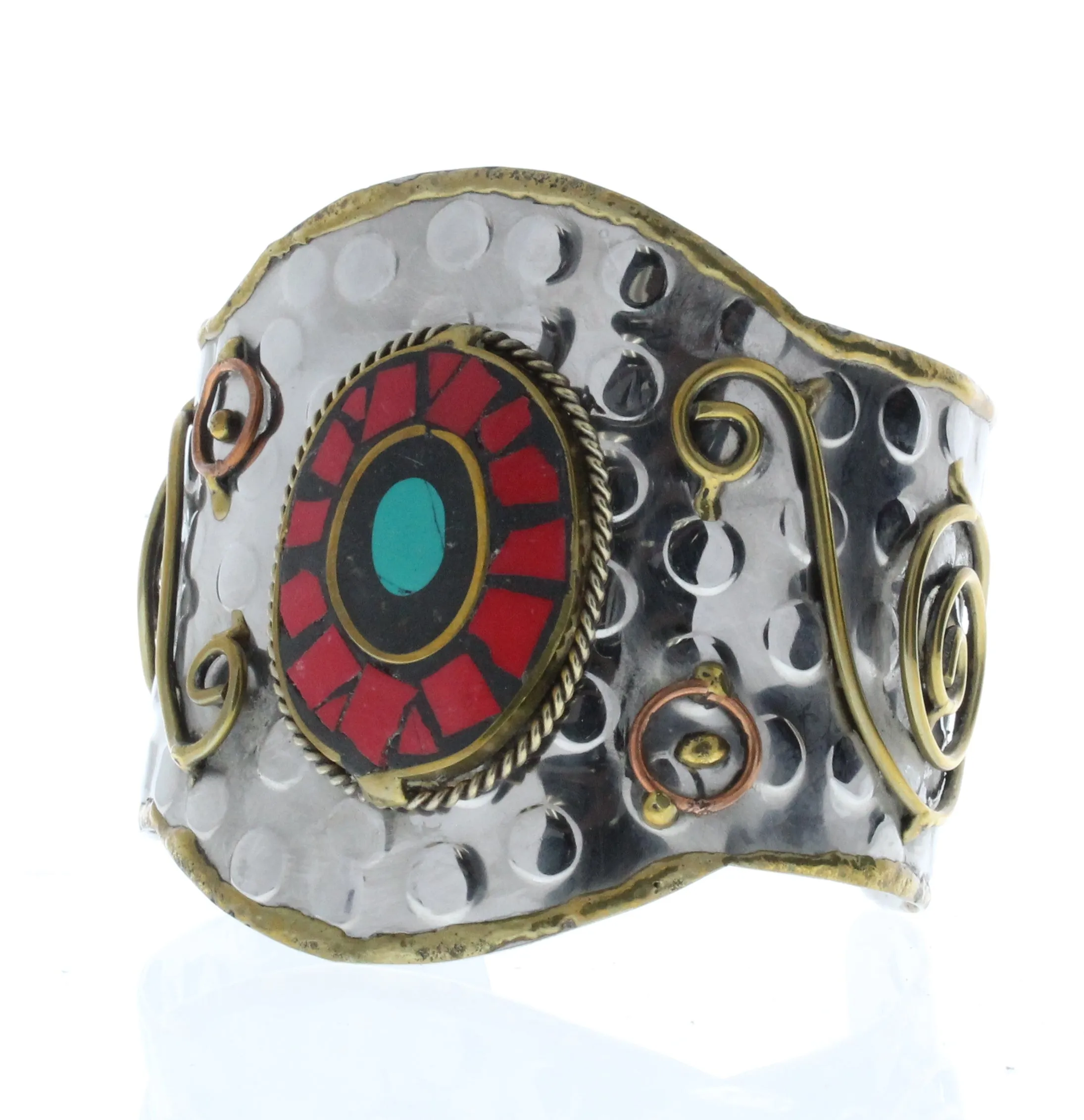 Red/Turquoise Oval Bracelet Cuff, Antique Silver w/Brass/Copper Inlay, ea