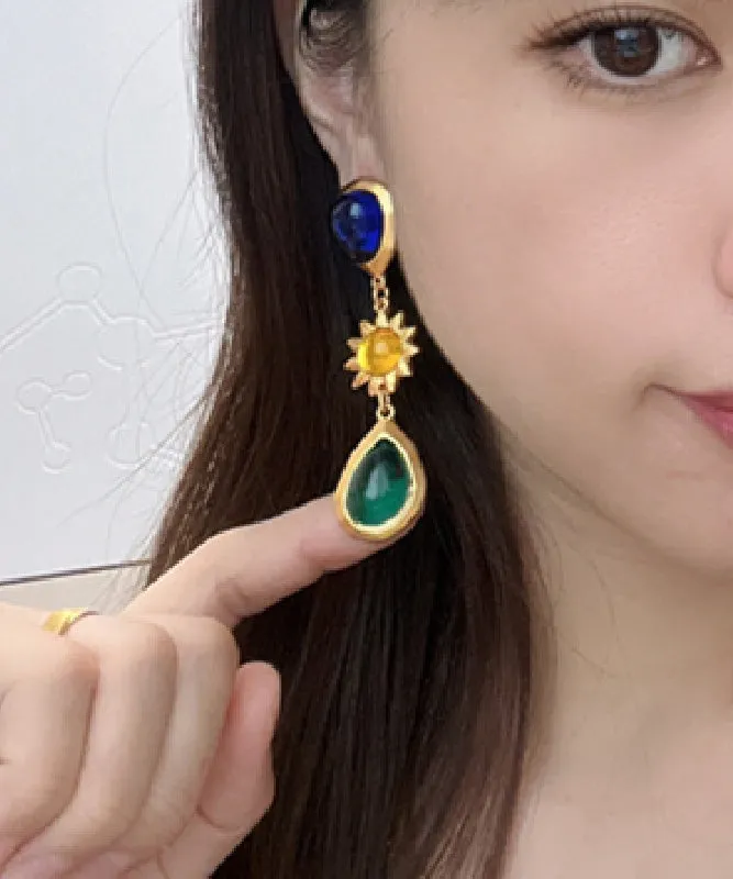 Retro Gold Sterling Silver Overgild Coloured Glaze Crystal Water Drop Drop Earrings WO002