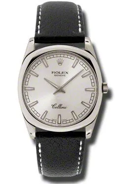 Rolex Cellini Danaos Silver Dial 18kt White Gold Black Leather Men's Watch 4243.9