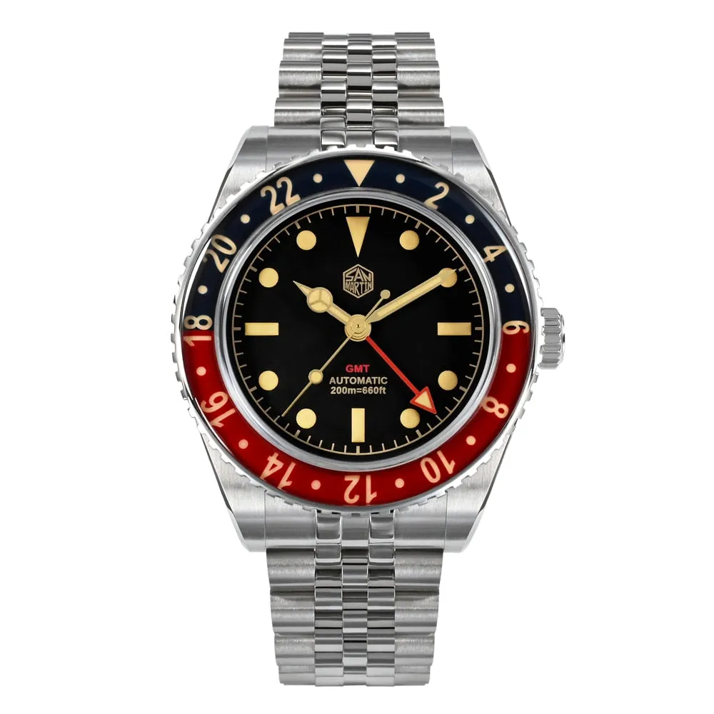 San Martin New 40mm Vintage GMT Full Luminous Bidirectional Sapphire Glass Bezel Luxury Men Automatic Mechanical Watch 20 ATM