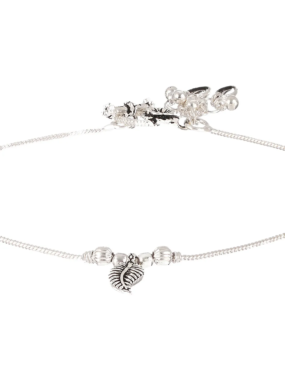 Set Of 2 Silver-Plated Leaf Shaped With Ghungroo Detail Anklets