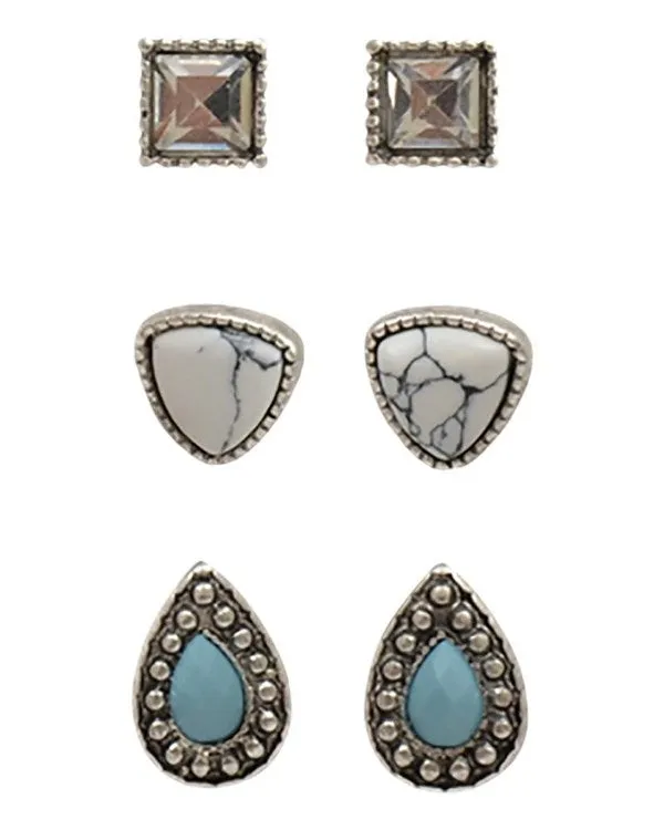 Set of 3 Stone Stud Post Earrings