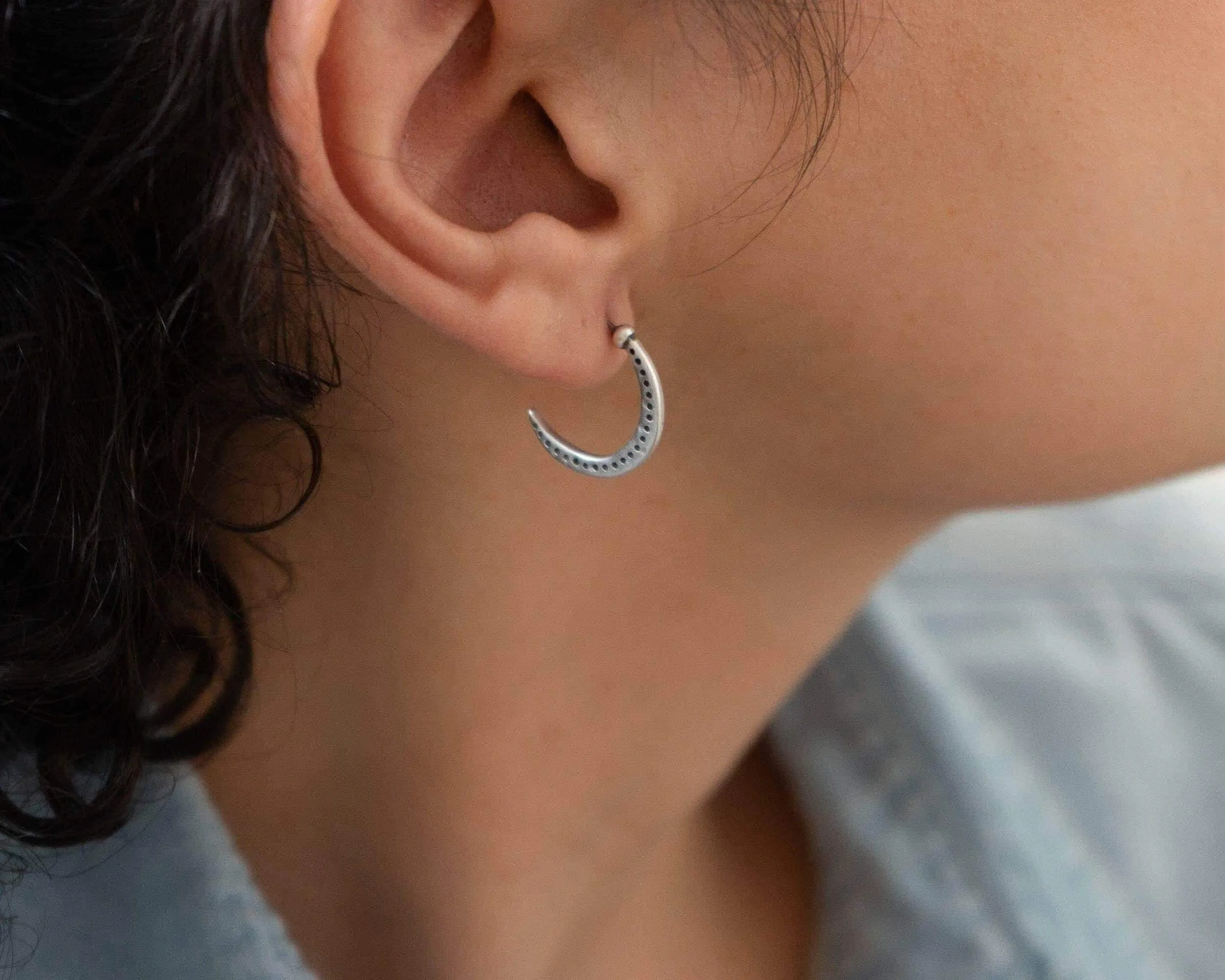 Silver-Dotted Moon Hoop Earrings