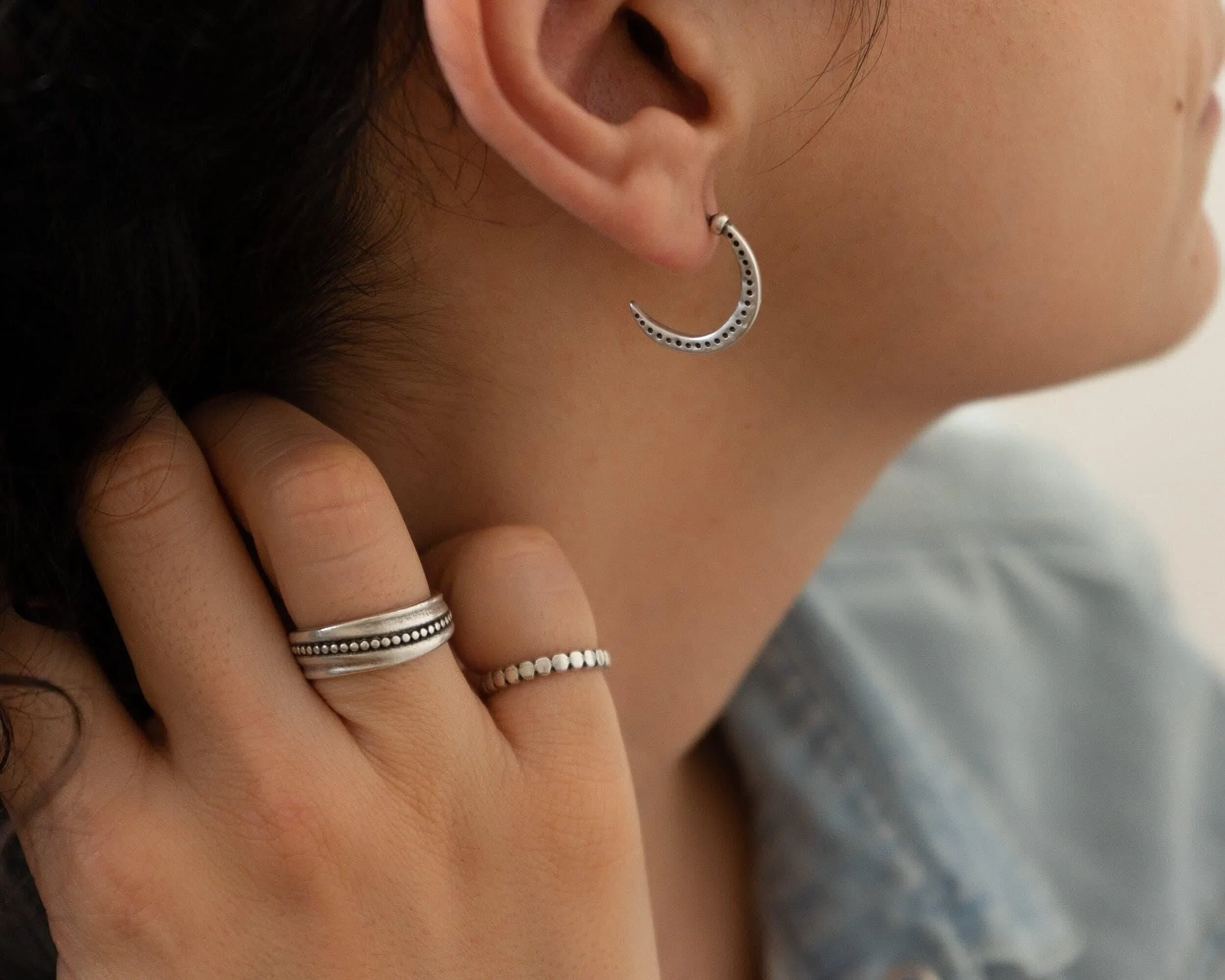 Silver-Dotted Moon Hoop Earrings