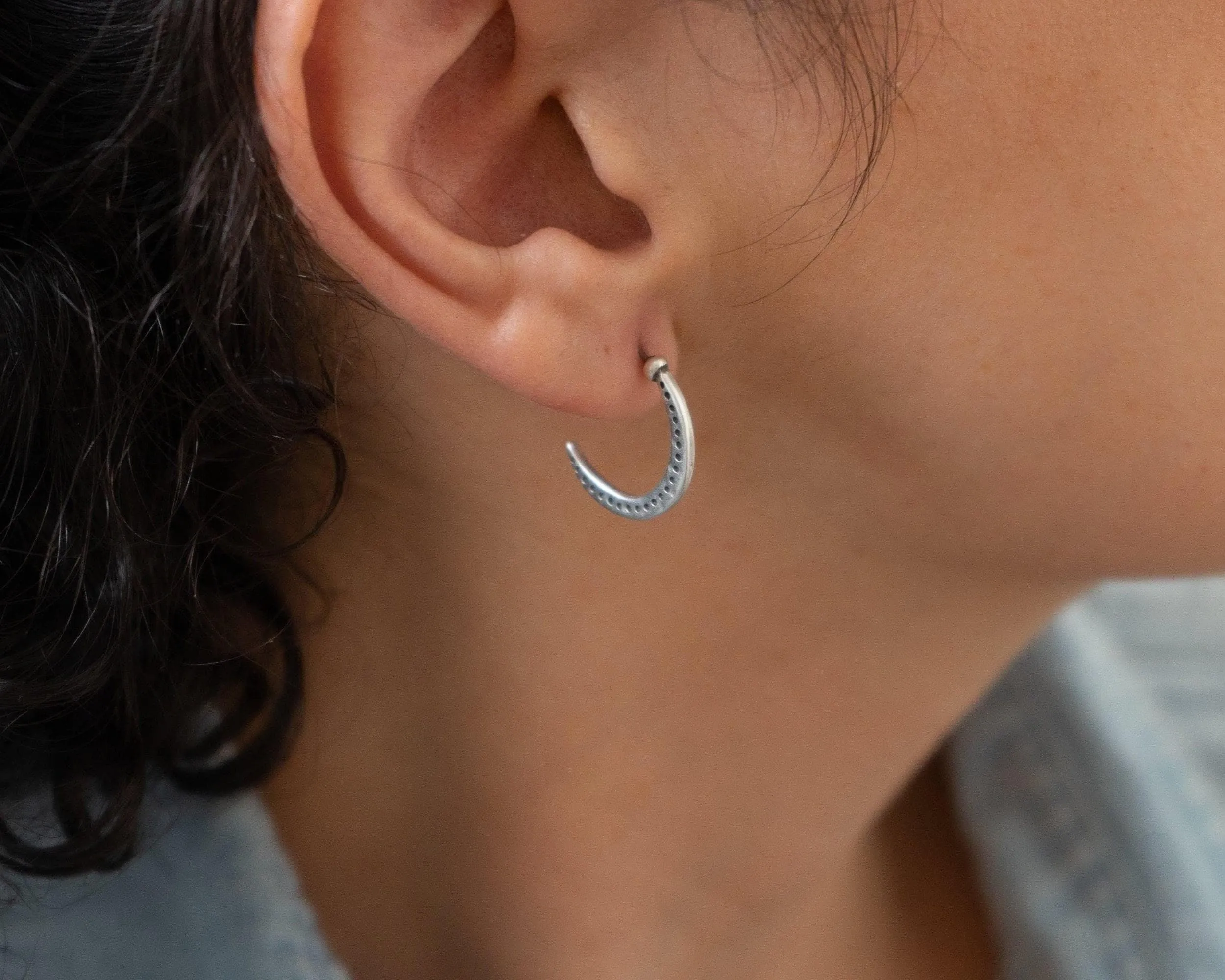 Silver-Dotted Moon Hoop Earrings